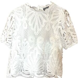 NVLT White Lace Short Sleeve Top Size Large, Scalloped Neckline